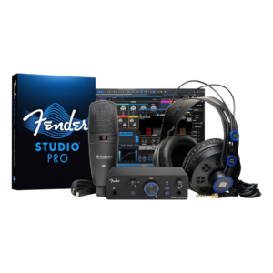 Fender Quantum Creator Bundle home recording kit featuring essential audio equipment for music production and sound recording.