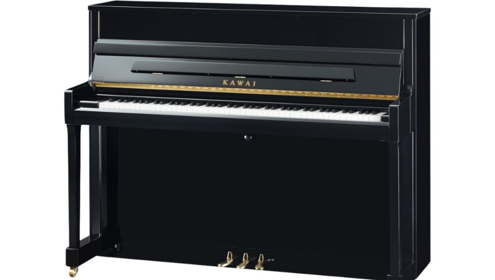 1. KAWAI K-200M upright piano in ebony polish, accompanied by a matching bench, showcasing elegant design and craftsmanship.