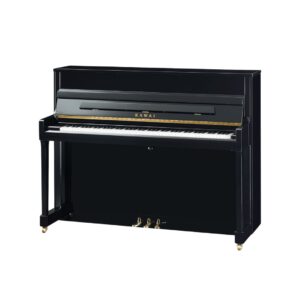 1. KAWAI K-200M upright piano in ebony polish, accompanied by a matching bench, showcasing elegant design and craftsmanship.