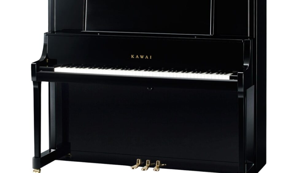 KAWAI K-800 upright piano in ebony polish, accompanied by a matching bench, showcasing elegant design and craftsmanship.