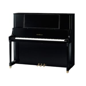 KAWAI K-800 upright piano in ebony polish, accompanied by a matching bench, showcasing elegant design and craftsmanship.