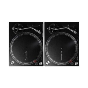 Pair of Pioneer DJ PLX-500 black high torque direct drive turntables, designed for professional DJ use and vinyl playback.