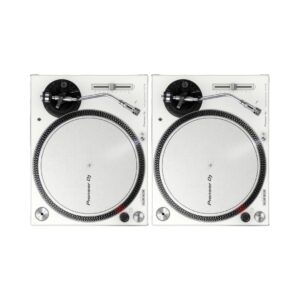 Pair of Pioneer DJ PLX-500 white high torque direct drive turntables, designed for professional DJ use and vinyl playback.