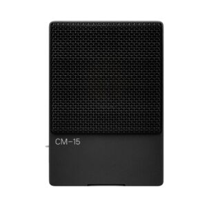 Black Teenage Engineering CM-15 field condenser microphone on a white background, showcasing its sleek design and features.