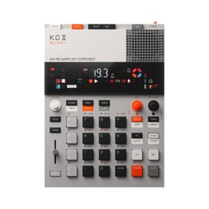 Teenage Engineering EP-133 K.O. II synthesizer with keyboard, featuring a compact design and 128MB sound capabilities.