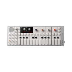 Teenage Engineering OP–1 portable synthesizer workstation with a compact design and colorful interface for music creation.
