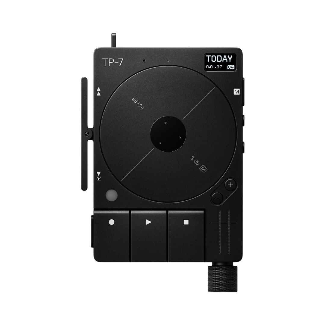 Black Teenage Engineering TP-7 digital tape recorder with a sleek design and intuitive controls for audio recording.