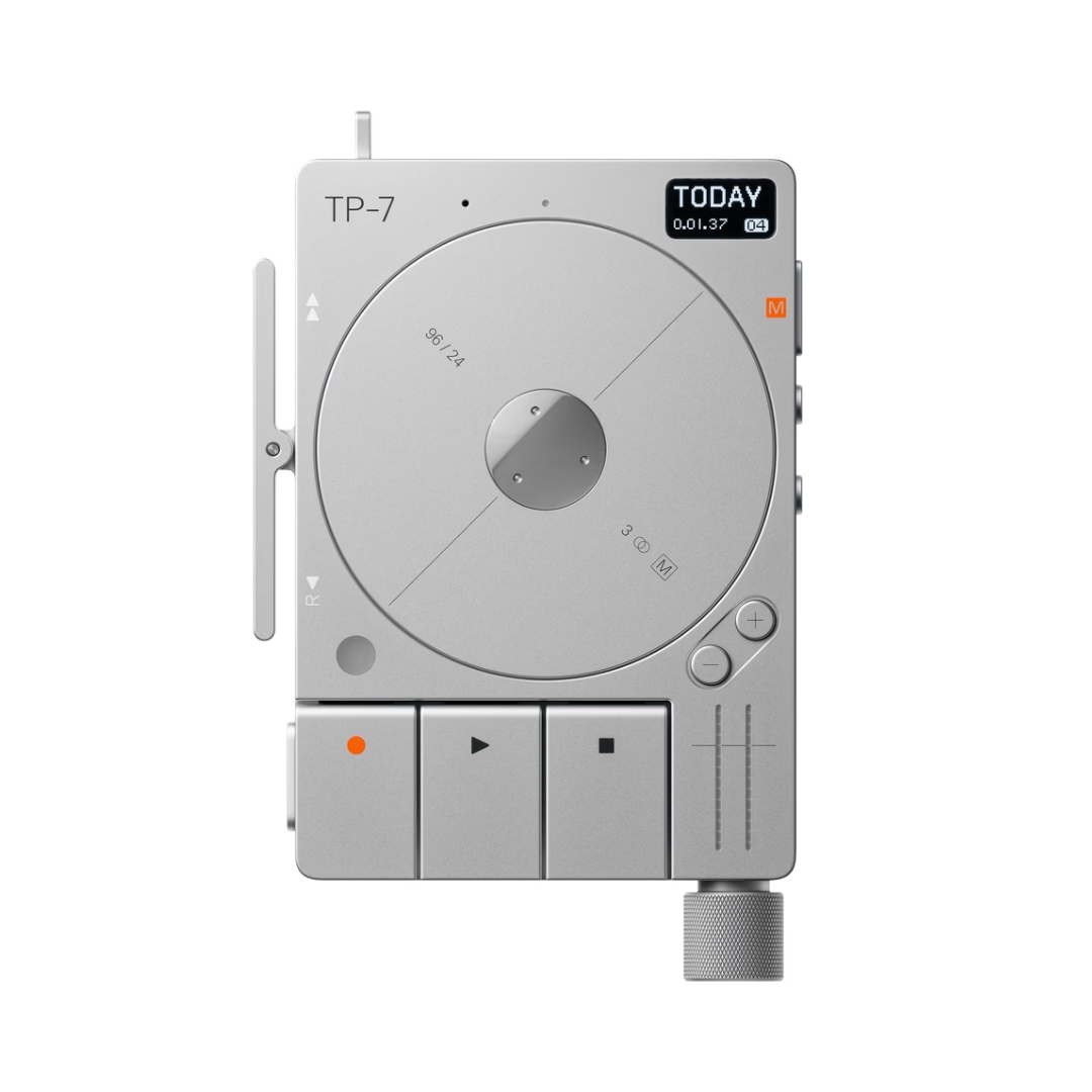 Silver Teenage Engineering TP-7 digital tape recorder with a sleek design and intuitive controls for audio recording.