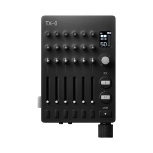 Black Teenage Engineering TX-6 portable 6-channel pro mixer with sleek design and intuitive controls for audio mixing.