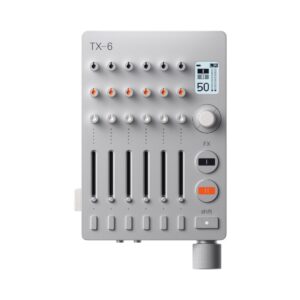 Silver Teenage Engineering TX-6 portable 6-channel pro mixer with sleek design and intuitive controls for audio mixing.
