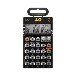 Teenage Engineering PO-33 KO Micro Sampler, a compact audio sampler with a colorful interface and various sound manipulation features.