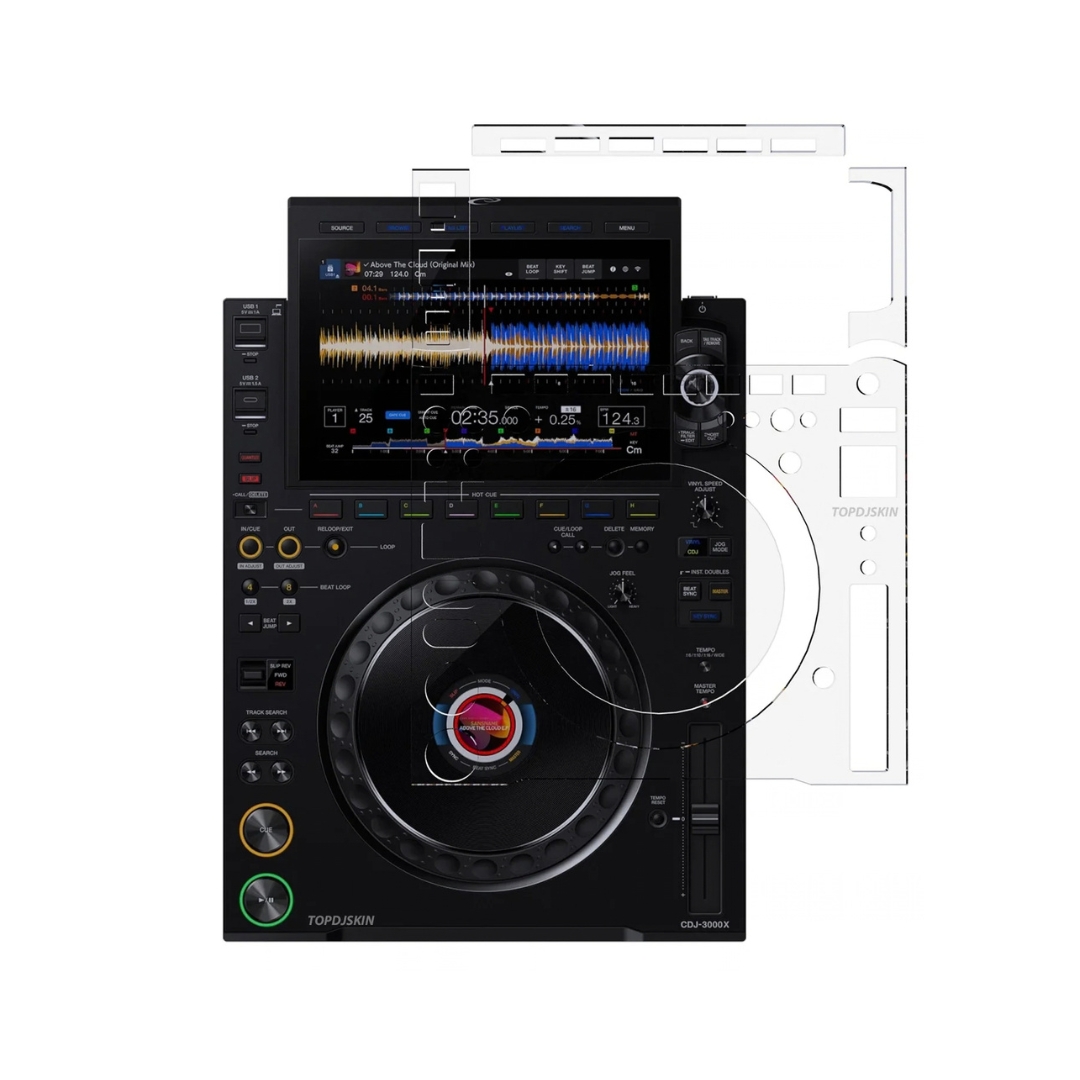 Transparent protector skin for AlphaTheta CDJ-3000X, designed to safeguard the device from scratches and dust.