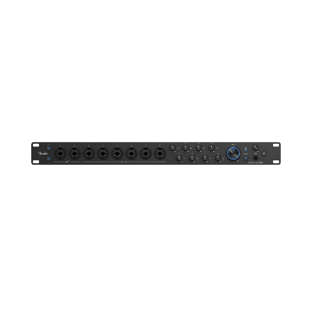 Fender Quantum LT 16 USB-C audio interface with multiple input/output ports and sleek design for professional audio recording.