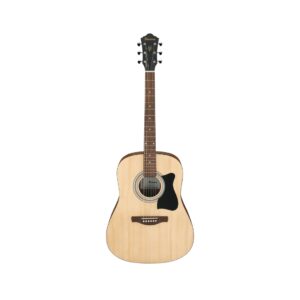 Ibanez V50NJP Acoustic Jampack Guitar in open pore natural finish, showcasing its wood grain and classic design.