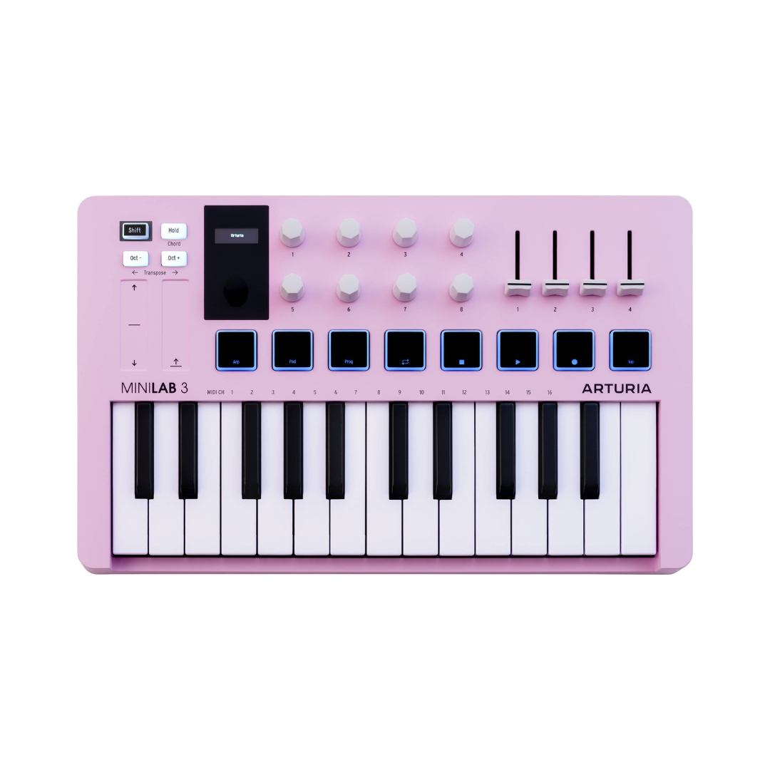 Arturia MiniLab MK3 25-key MIDI keyboard controller in Rose Quartz color, featuring compact design and versatile controls.