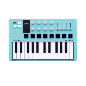 1. Arturia MiniLab MK3 aquamarine 25-key MIDI keyboard controller with various knobs and pads for music production.