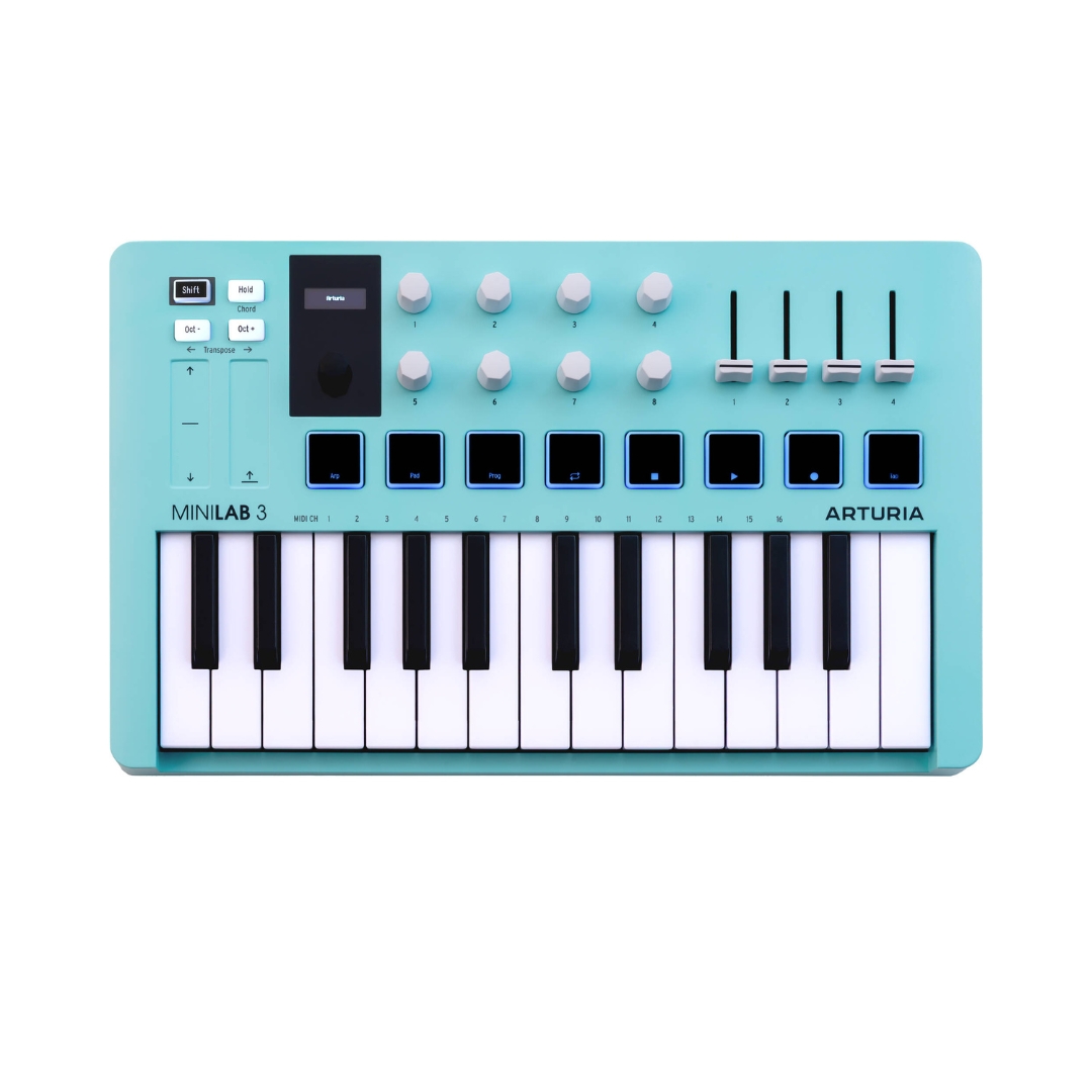 1. Arturia MiniLab MK3 aquamarine 25-key MIDI keyboard controller with various knobs and pads for music production.