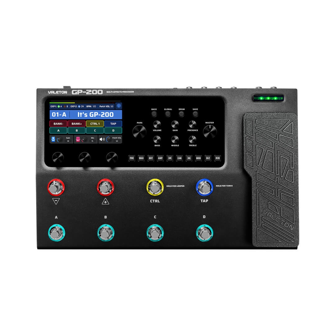 Valeton GP-200 multi-effects processor and amp modeler, featuring various controls and a digital display for sound customization.