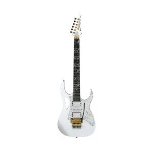 White Ibanez JEM7VP Premium electric guitar, featuring Steve Vai's signature design and distinctive body shape.