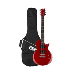 Red solid body electric guitar, ESP LTD Eclipse EC-10, displayed with a gig bag for protection and transport.