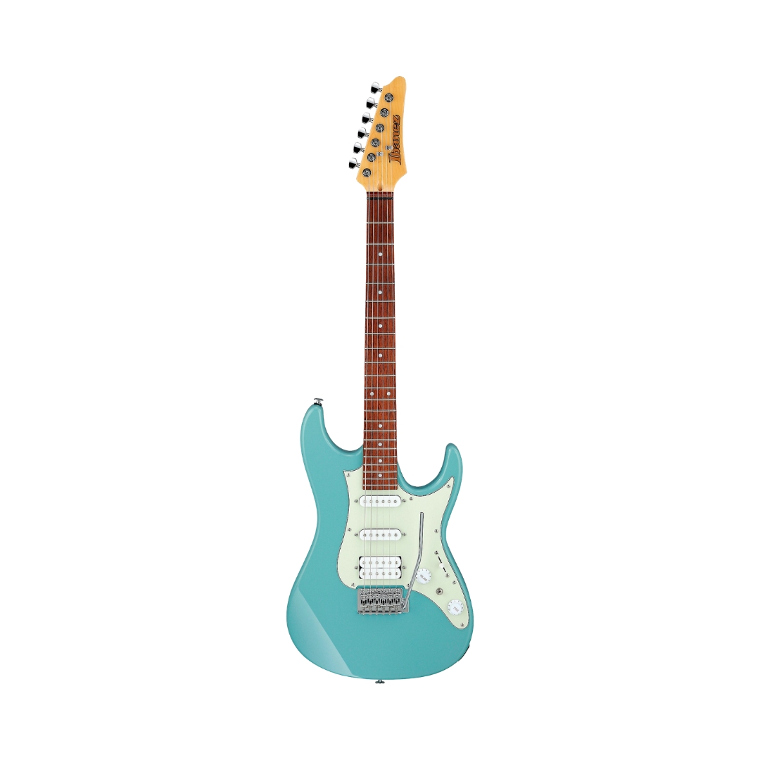 Ibanez AZES40 electric guitar in purist blue finish, showcasing its sleek design and features for music control.