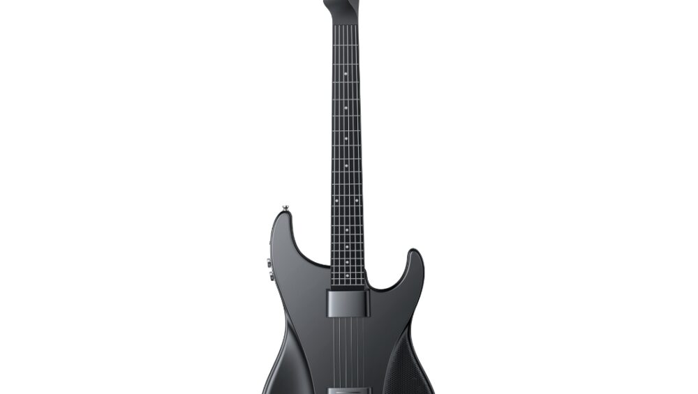 AeroBand Smart Stringless Guitar in black, accompanied by a bag and accessories for enhanced music experience.