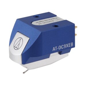 Audio-Technica AT-OC9XEB stereo cartridge featuring dual moving coil design and elliptical bonded stylus for high-fidelity sound.