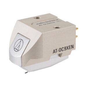 Audio-Technica AT-OC9XEN dual moving coil stereo cartridge with elliptical nude stylus for high-fidelity sound reproduction.
