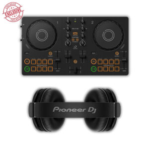 Pioneer DJ Starter Kit 2026 featuring DDJ-FLX2 controller and HDJ-Cue1 BT headphone in black.