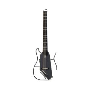 Donner HUSH-I EVO2 acoustic-electric travel guitar in black finish, showcasing its compact design and elegant color.