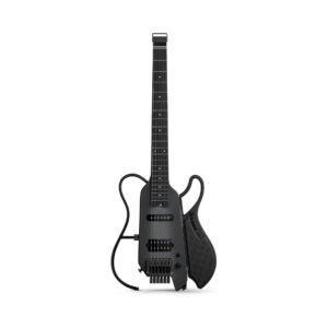 Black Donner HUSH-X LIVE travel guitar with built-in speaker, designed for portability and convenience.