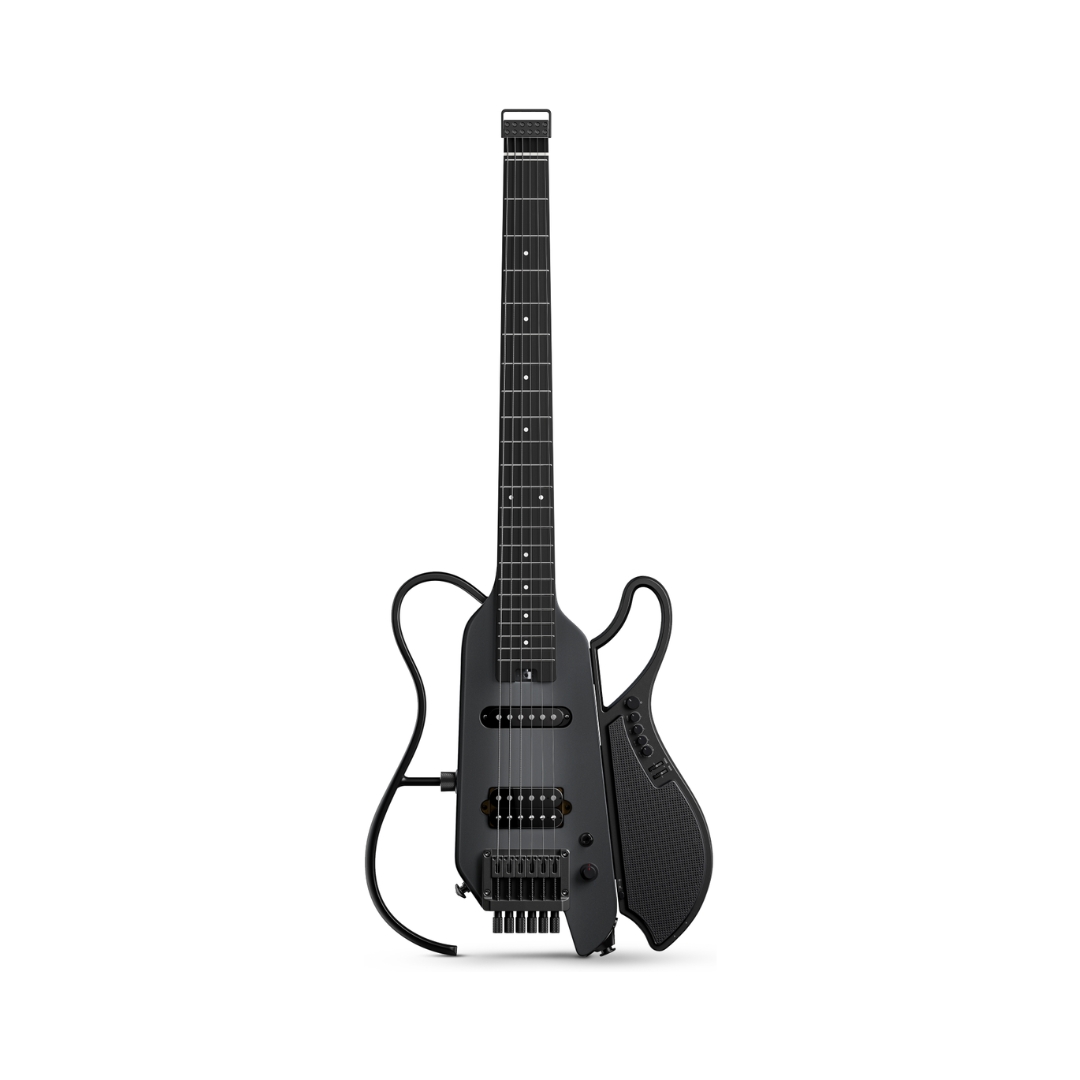 Black Donner HUSH-X LIVE travel guitar with built-in speaker, designed for portability and convenience.