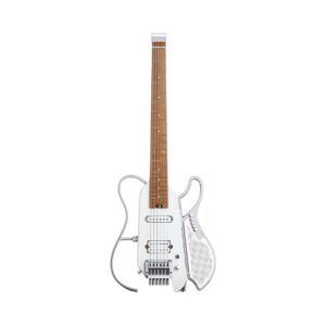 White Donner HUSH-X LIVE travel guitar with built-in speaker, designed for portability and convenience.