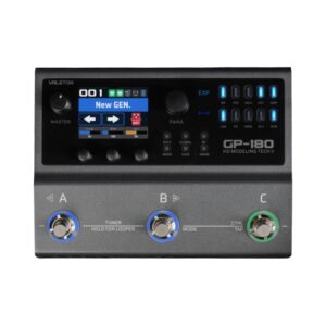1. Valeton GP-180 Multi-Effects Processor with various knobs and a digital display for guitar sound customization.