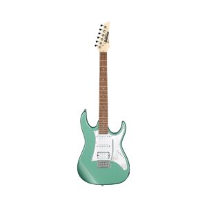 Close-up of the Ibanez GRX40 electric guitar, featuring a vibrant Metallic Light Green color and sleek solid body construction.