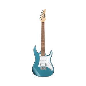 Close-up of the Ibanez GRX40 electric guitar, featuring a vibrant Metallic Light Blue color and sleek solid body construction.