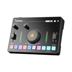 Maono AMC2 Neo audio interface mixer designed for streaming and podcasting, featuring multiple input options and controls.