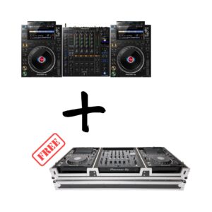 Pioneer DJ CDJ-3000 and DJM-A9 set displayed with a Magma flight case, showcasing professional DJ equipment.