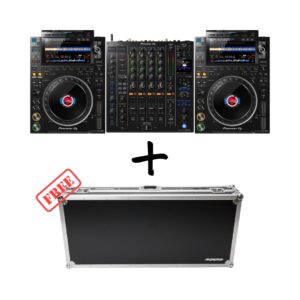 Pioneer DJ CDJ-3000 and DJM-A9 set displayed with a Magma flight case, showcasing professional DJ equipment.