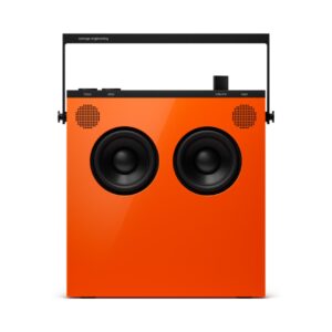 Teenage Engineering OB-4 Hi-Fi Bluetooth speaker in orange, showcasing a sleek, modern design and compact form.