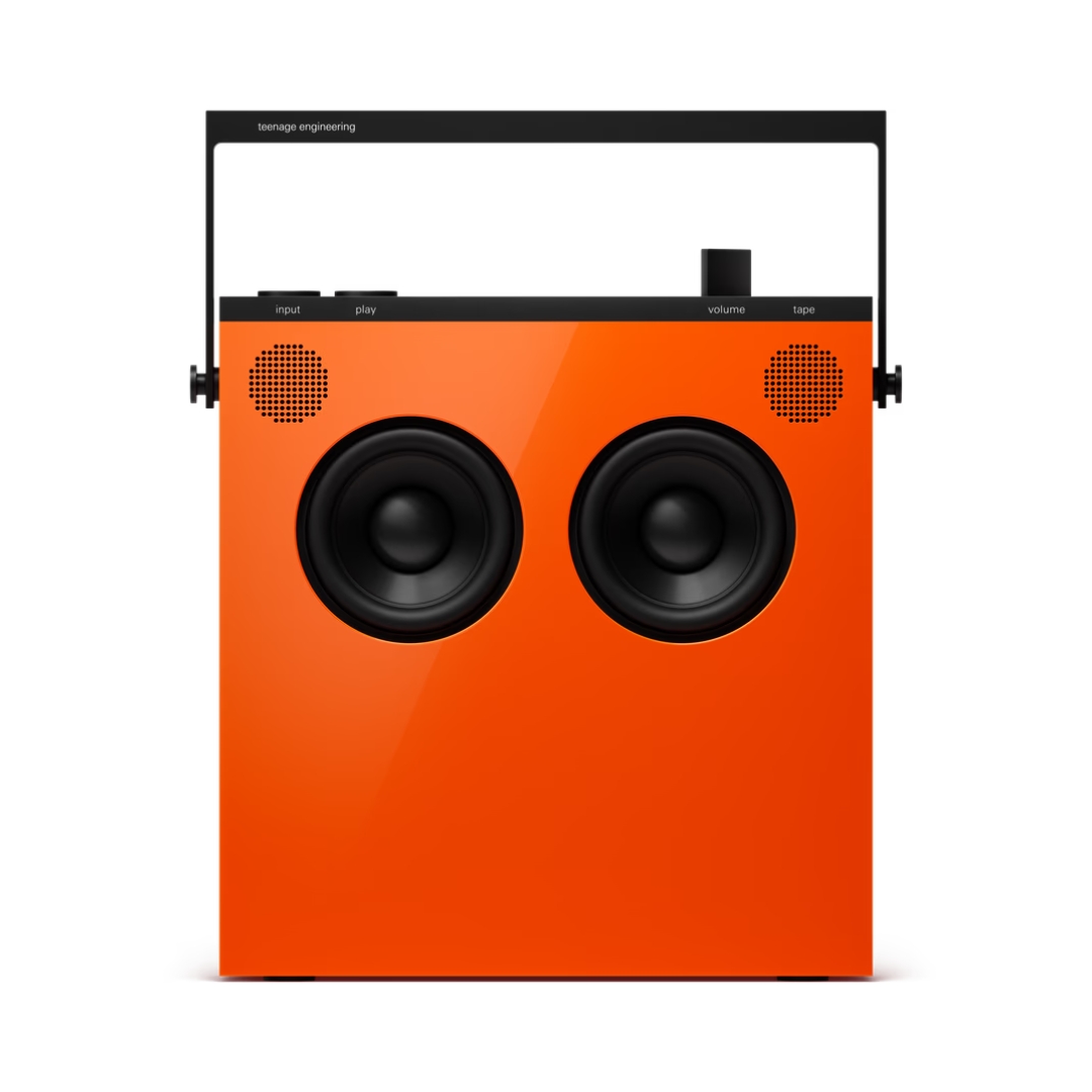 Teenage Engineering OB-4 Hi-Fi Bluetooth speaker in orange, showcasing a sleek, modern design and compact form.