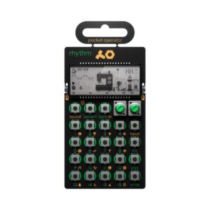 Teenage Engineering PO-12 Rhythm Drum Synthesizer, a compact device with buttons and a screen for creating drum sounds.