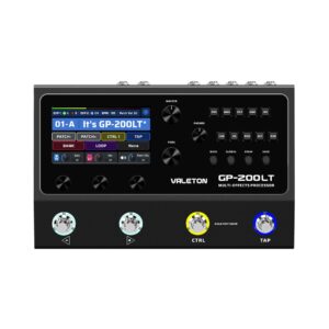 Valeton GP-200LT Multi-Effects Processor with various knobs and display for guitar sound customization.