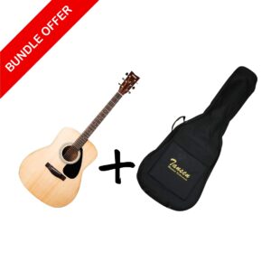 Yamaha F310 acoustic guitar in natural finish, accompanied by a Tansen gig bag for protection and transport.