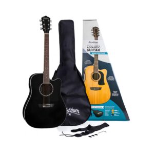 1. Black Washburn AD5CEBPACK electro-acoustic guitar package featuring a guitar, case, and accessories.