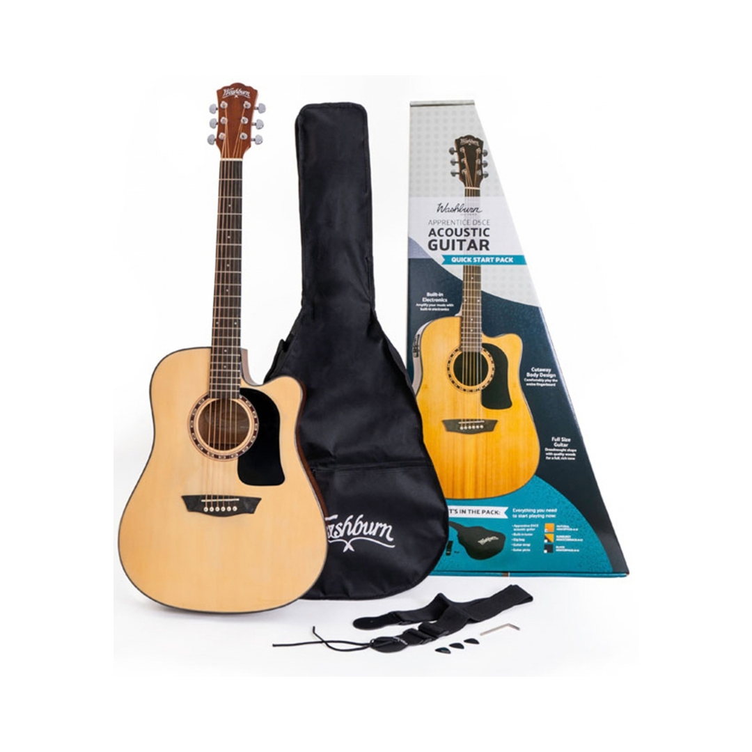 1. Washburn AD5CEPACK electro-acoustic guitar package in natural finish, featuring a guitar, case, and accessories.