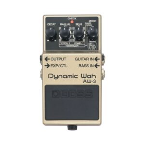 BOSS AW-3 Dynamic Wah Pedal, featuring a sleek design and adjustable settings for enhanced sound modulation.
