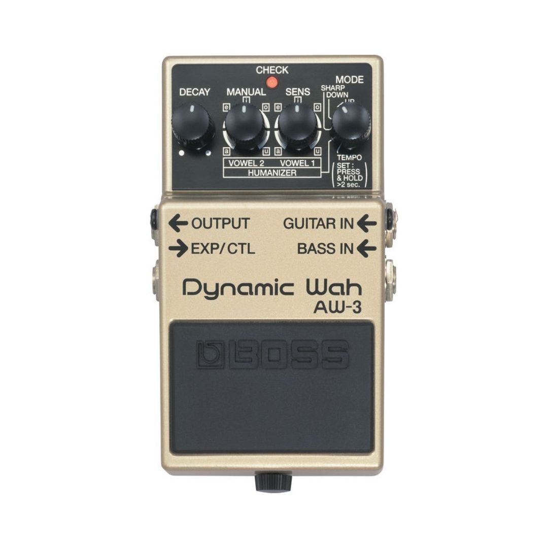 BOSS AW-3 Dynamic Wah Pedal, featuring a sleek design and adjustable settings for enhanced sound modulation.