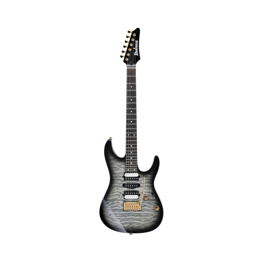 1. Ibanez AZ47P1QM-BIB electric guitar in Black Ice Burst finish, showcasing a sleek design and vibrant color gradient.