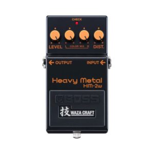 1. BOSS Waza Craft HM-2 Heavy Metal Distortion Pedal, featuring a rugged design and controls for tone shaping.